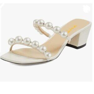 XYD White Square Open Toe Pearls Dual Straps Slides Sandals Slip On Mules Shoes